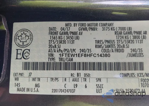 2017 Ford F-150 Xlt from USA, damaged, VIN 1FTEW1EF8HFC14380